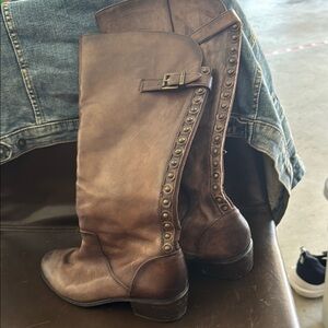 Arturo Chiang Brown Leather Knee-High Boots with Studded Detail